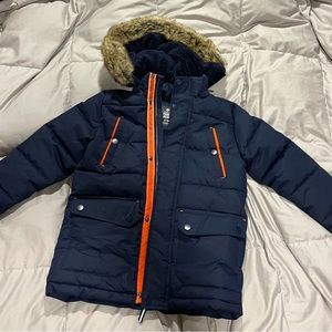 Boys navy and orange parka coat puffer jacket with fur lined hood